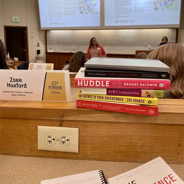 Books on display in a lecture hall