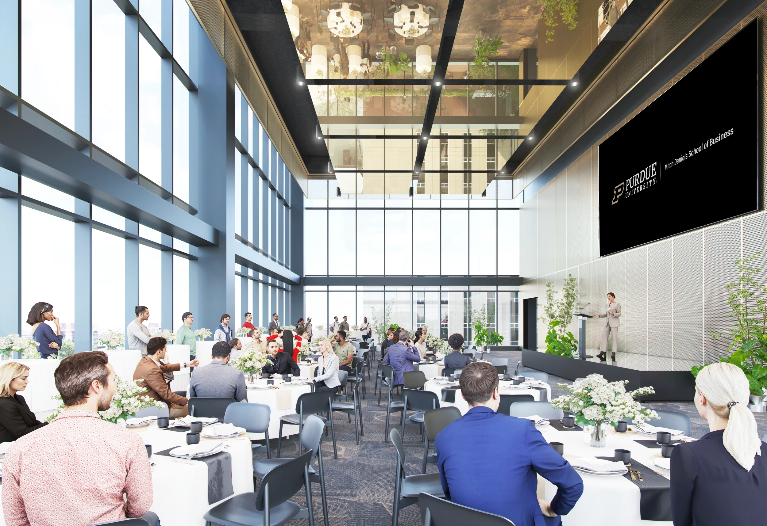 View of fifth floor meeting space with speaker