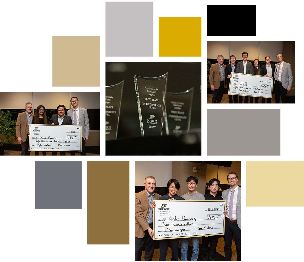 Picture mashup: Daniels School of Business grad team – Abithaa Shree Venkatesh, Hsiang-Yu Want, Cole Wesley, Hanbing Yang, Nicholas Zimmerman; Daniels School winning undergraduate team Byte and Apple - Yunhu Kim, Hey Cheuk Lo, Elizabeth Miller, Zhenhai Quan; First place Grad team from DePaul University with check, First Place UG team from BYU with trophies