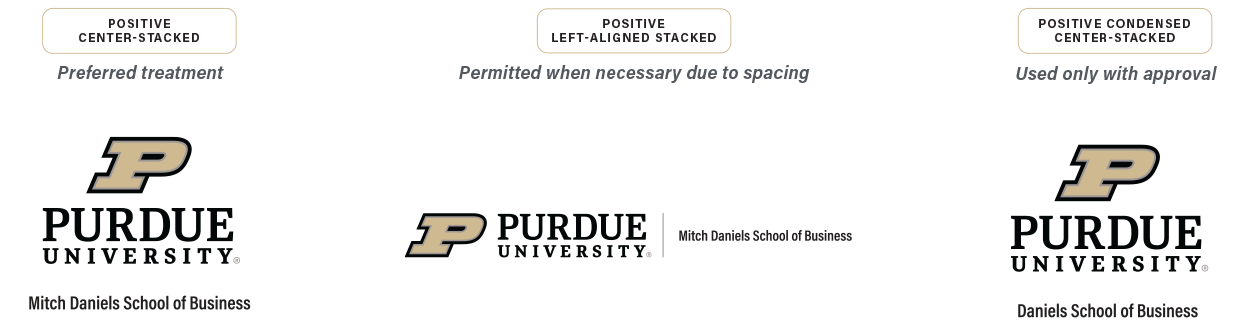 Three examples of the co-brand. Left: Positive Center-Stacked, the preferred treatment, which shows a P logo with Purdue University below. Below that reads “Mitch Daniels School of Business”. Middle: Positive Left-Aligned Stacked, Permitted when necessary due to spacing. P logo with Purdue University and Mitch Daniels School of Business to the right. Right: Positive Condensed Center-Stacked, used only with approval, P logo with Purdue University with Daniels School of Business below with less space between.