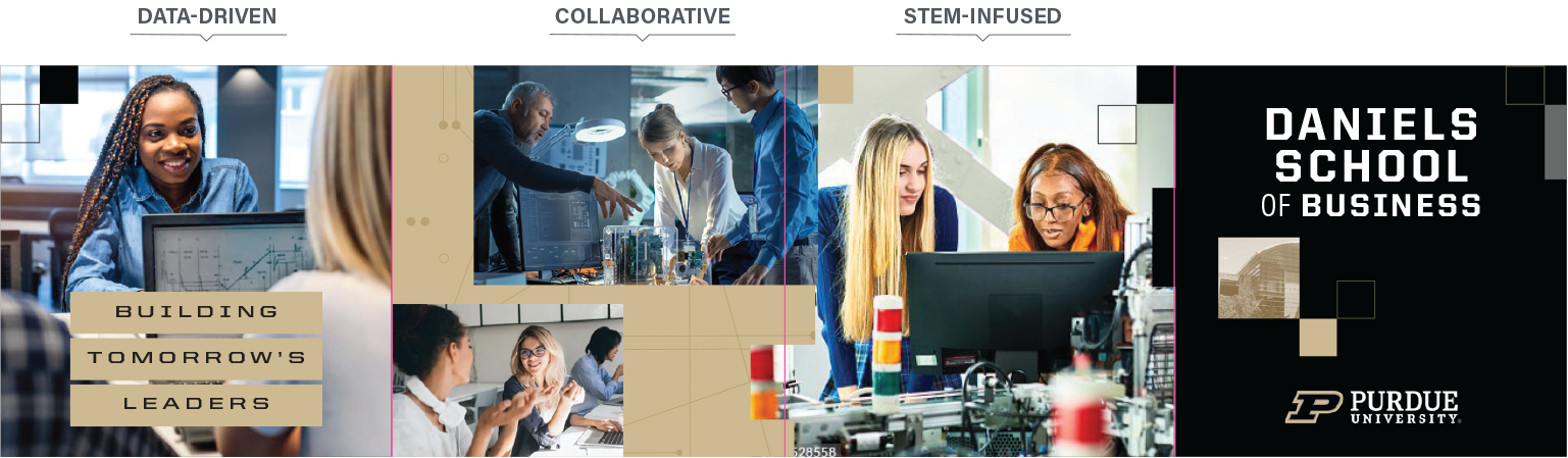 Example of photography in use: left, data-driven, middle, collaborative, right, stem-infused. Use of copy treatment brand is to the right.