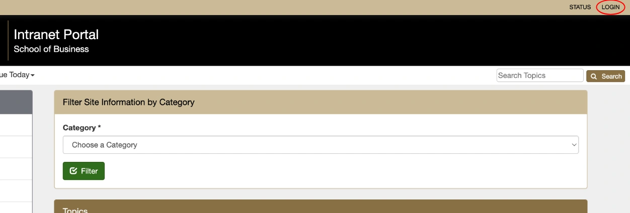 Screenshot highlighting the login link on the intranet