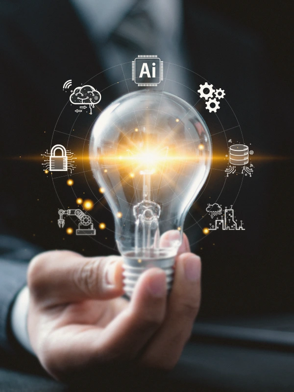 light bulb surrounded by thematic icons such as AI and security